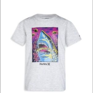 HURLEY Graphic T-Shirt Size 8/10 Grey Shark Short Sleeve crew Neck Surf Board